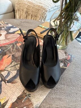 Robert Clergerie Black Peep-Toe Slingback Platform Mules | Bought in Paris|